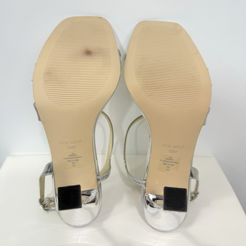 Nine West Heels Pumps Silver Faux Leather Stiletto Open Toe Wo's Size 10 - Picture 9 of 14